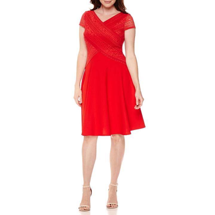 Sangria Short-sleeve V-neck Lace Crossover Fit-and-flare Dress