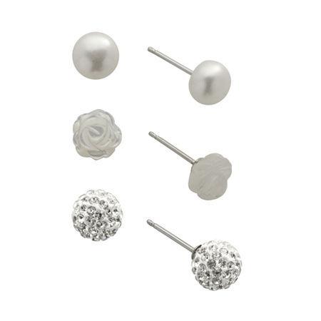 Pearl & Crystal Sterling Silver 3-pr. Stud Earring Boxed Set