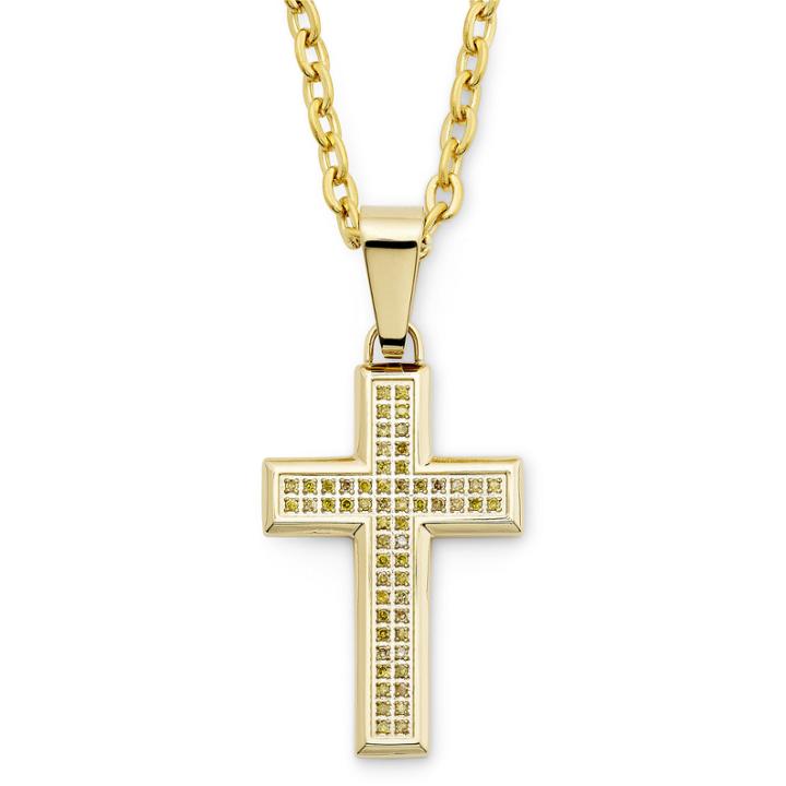Mens Ct. T.w. Yellow Diamond Stainless Steel Cross Pendant Necklace