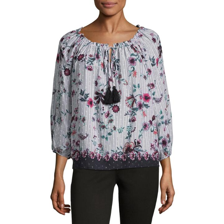 John Paul Richard 3/4 Sleeve Swiss Dot Floral Woven Floral Blouse