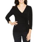 Black Label By Evan-picone 3/4 Sleeve V Neck Jersey Ruffled Blouse