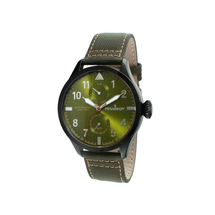 Peugeot Mens Green Strap Aviator Watch 2044bgr