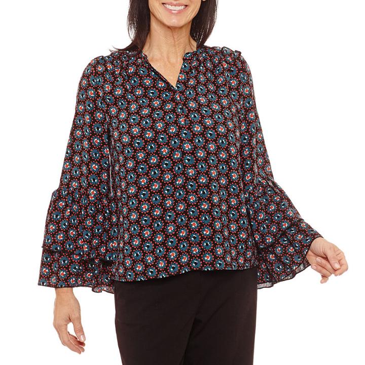 Sag Harbor Ruffles Elbow Sleeve Split Crew Neck Ruffled Blouse