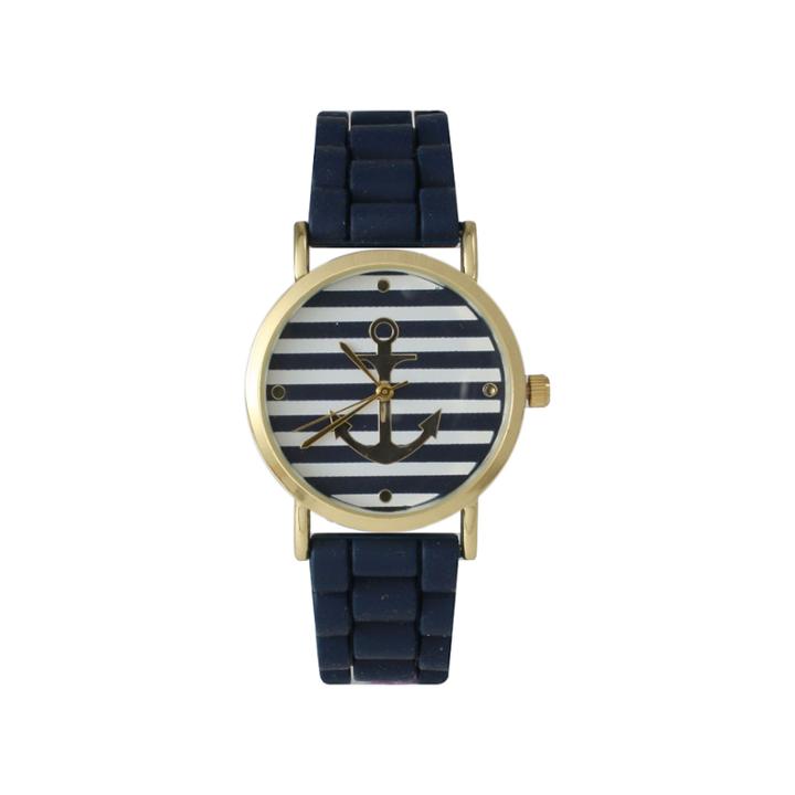 Olivia Pratt Womens Horizontal Stripe Anchor Emblem Dial Navy Silicone Watch