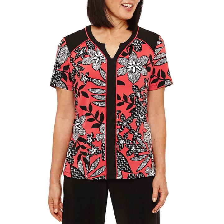 Alfred Dunner Saratoga Springs Short Sleeve Split Crew Neck T-shirt