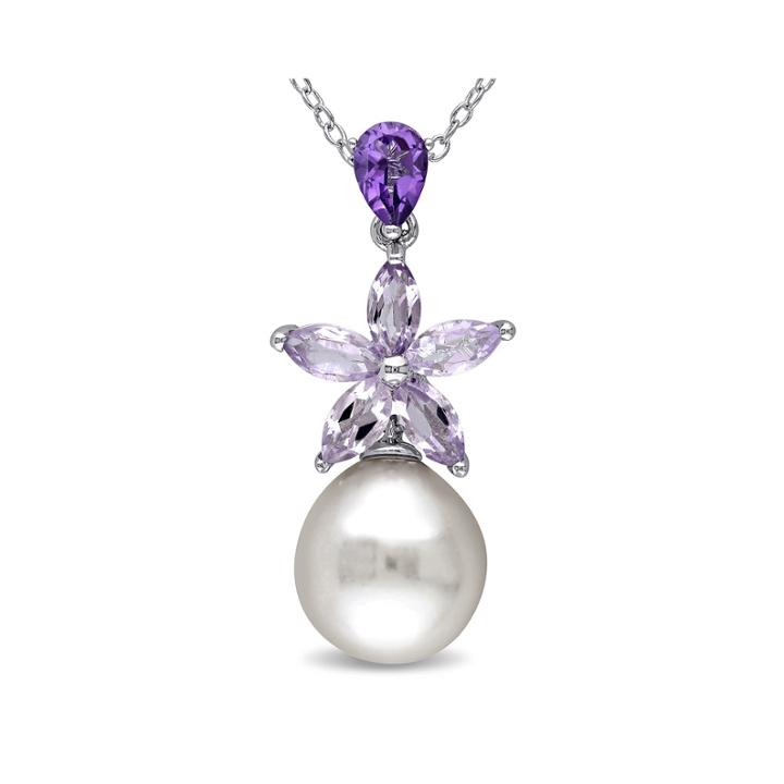 Cultured Freshwater Pearl And Genuine Amethyst Sterling Silver Pendant Necklace