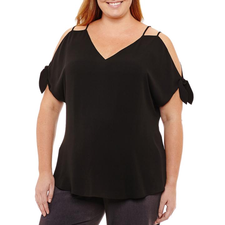 Worthington Long Sleeve Mock Neck Woven Blouse-plus