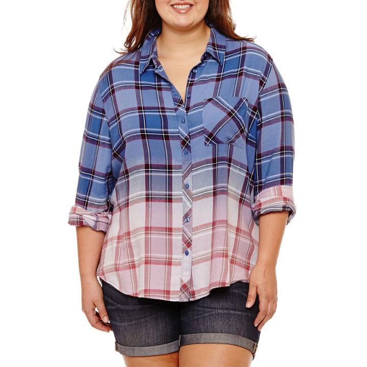 Arizona. Long Sleeve Button-front Shirt-juniors Plus