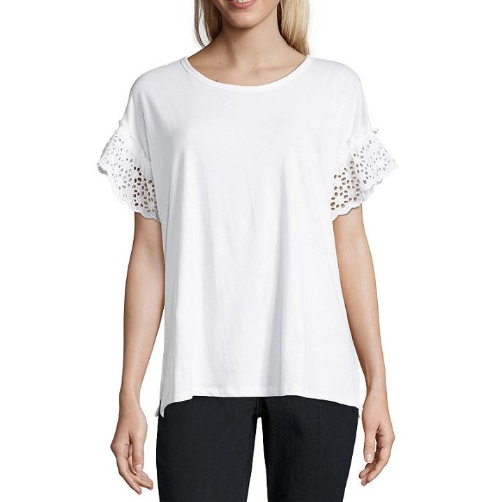 A.n.a Short Sleeve Crew Neck Eyelet Tee - Talls