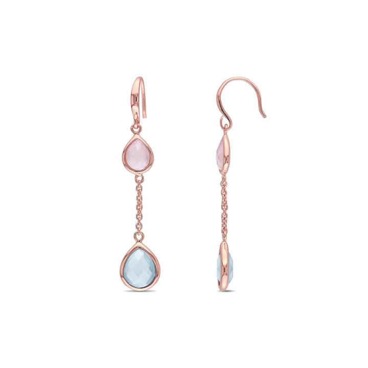 Pear-shaped Genuine Blue And Pink Chalcedony Rose Gold Over Silver Double-drop Earrings
