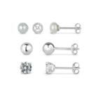 Lab-created White Sapphire Sterling Silver Earring Jackets With 5mm Pearl, 5mm Sterling Silver Ball, And 5mm Lab-created White Sapphire 4-piece Earri