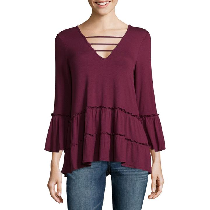 Miss Chievous 3/4 Sleeve V Neck Jersey Blouse-juniors