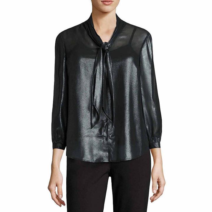 Liz Claiborne Long Sleeve Y Neck Woven Blouse - Tall