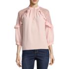 Hollywould Long Sleeve Keyhole Neck Woven Blouse-juniors