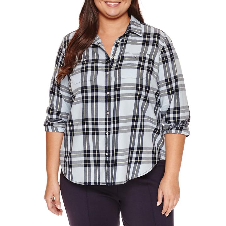Stylus&trade; Long-sleeve Boyfriend Utility Button-front Shirt - Plus