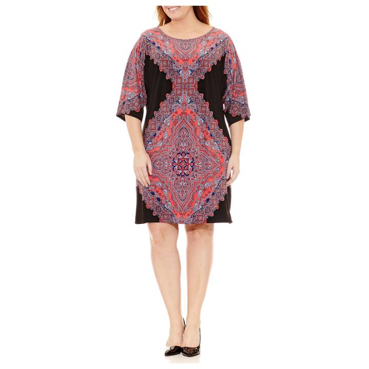 London Times 3/4 Sleeve Medallion Sheath Dress-plus