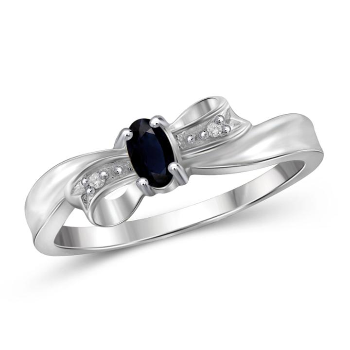 Womens Diamond Accent Genuine Oval Blue Sapphire Sterling Silver Engagement Ring