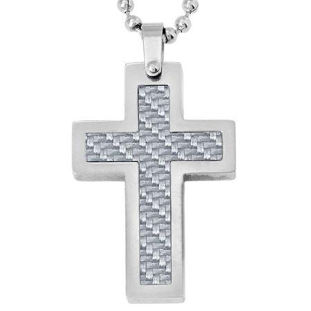 Mens Gray Carbon Fiber & Stainless Steel Cross Pendant Necklace