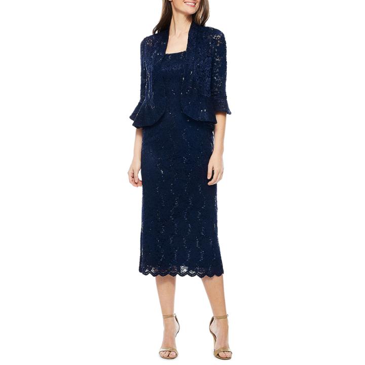 R & M Richards 3/4 Sleeve Embellished Jacket Dress
