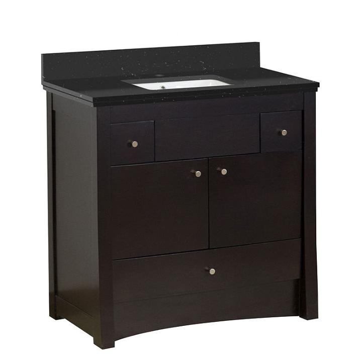 36-in. W Floor Mount Distressed Antique Walnut Vanity Set For 1 Hole Drilling Black Galaxy Top Whiteum Sink