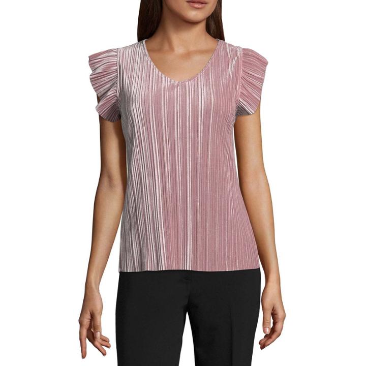 Worthington Short Sleeve V Neck Velvet T-shirt-petites