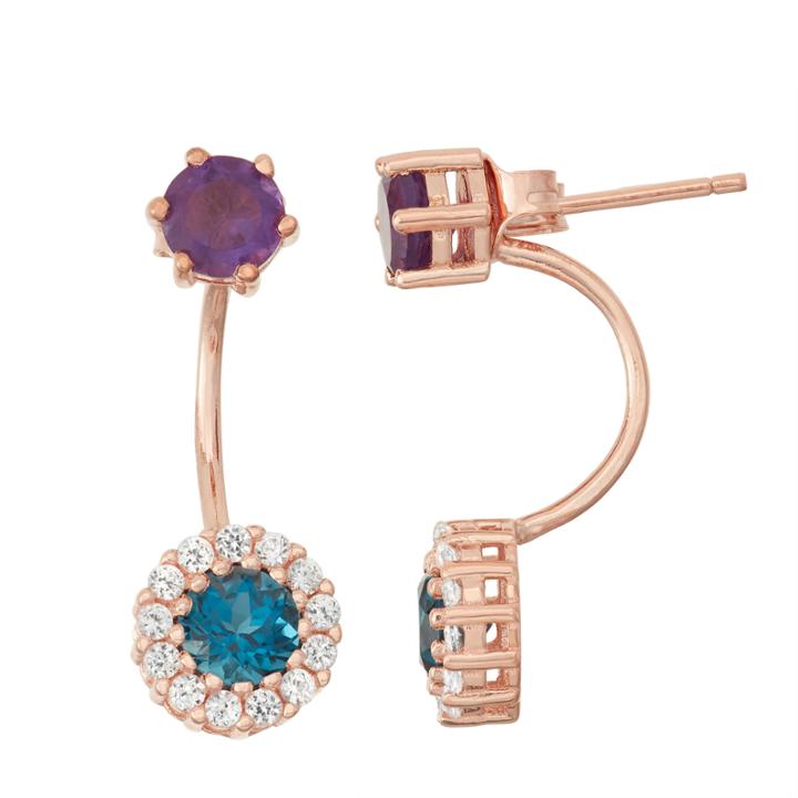 Genuine London Blue Topaz & Amethyst 14k Rose Gold Over Silver Front-back Earrings
