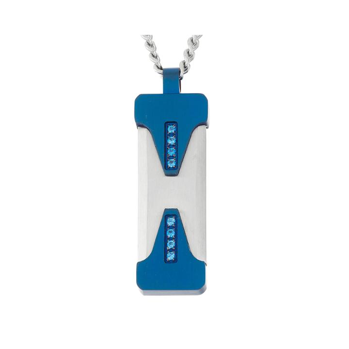 Mens Blue Cubic Zirconia Stainless Steel & Blue Pendant