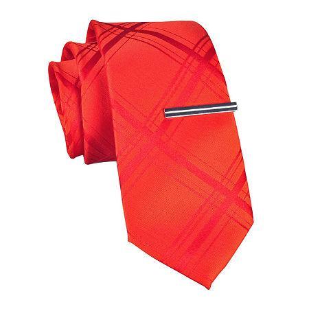 Jf J. Ferrar Plaid Slim Tie And Tie Bar Set