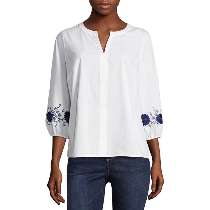 Liz Claiborne 3/4 Embroidered Sleeve Shirt