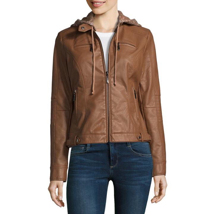 Jou Jou Faux Leather Hooded Moto Jacket-juniors
