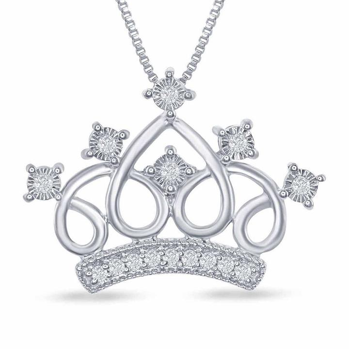 Enchanted Disney Fine Jewelry 1/10 C.t.t.w. Cinderella Tiara Pendant Necklace In Sterling Silver