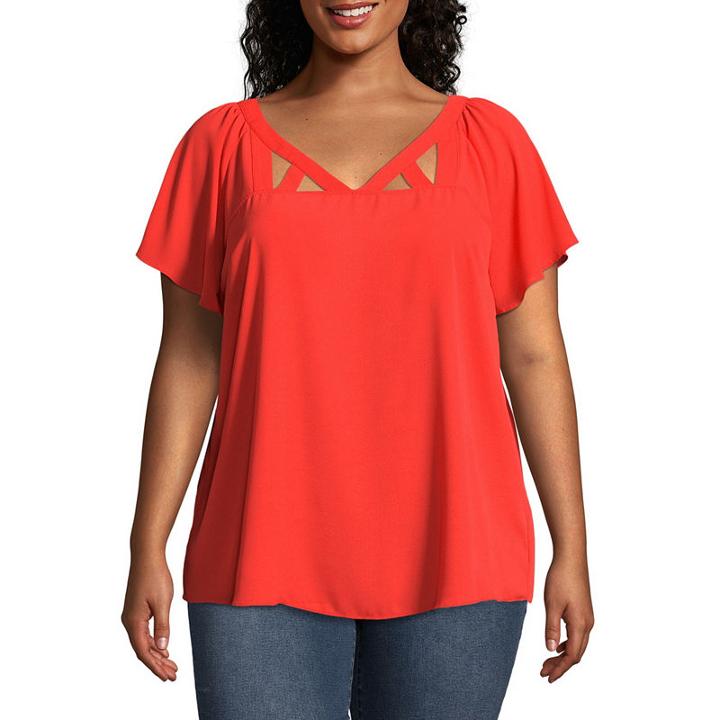 Worthington Short Sleeve Crew Neck Georgette Blouse - Plus