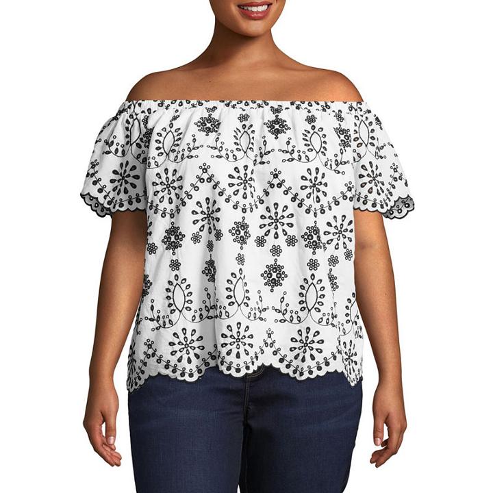 Boutique + Short Sleeve Embroidered Eyelet Woven Blouse - Plus