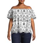 Boutique + Short Sleeve Embroidered Eyelet Woven Blouse - Plus