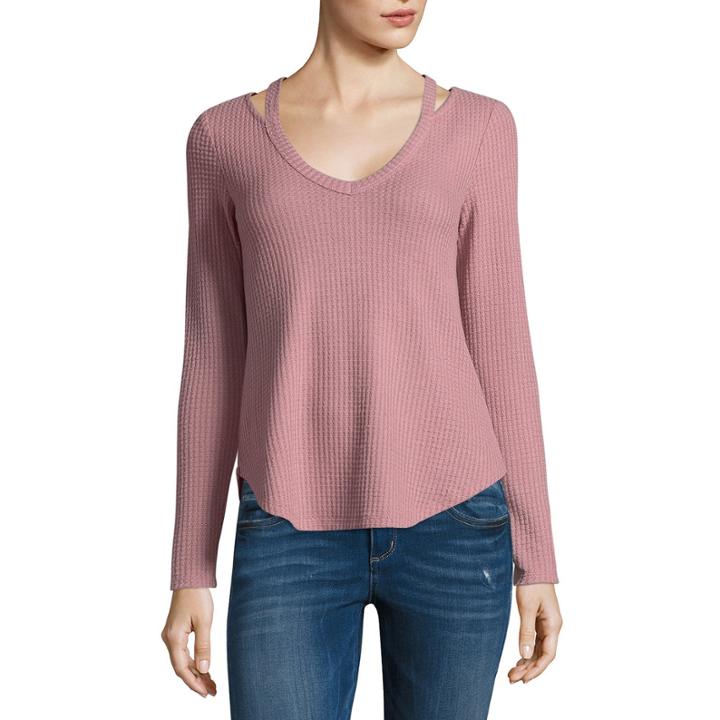 Self Esteem Long Sleeve V Neck Knit Blouse-juniors