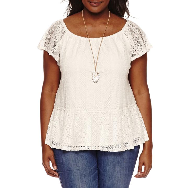 Self Esteem Short Sleeve Lace Peplum 2fer Top -juniors Plus