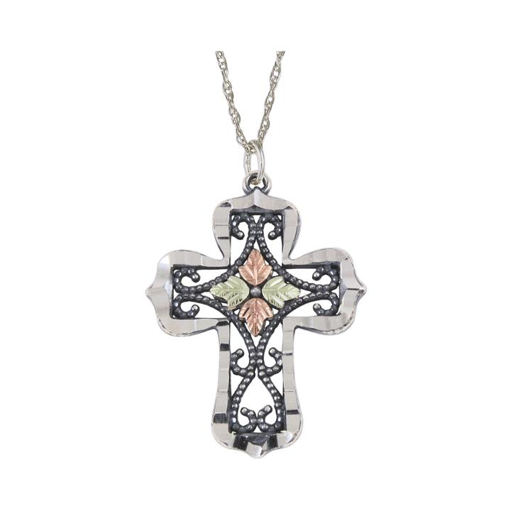 Oxidized Sterling Silver & Black Hills Gold Cross Pendant Necklace