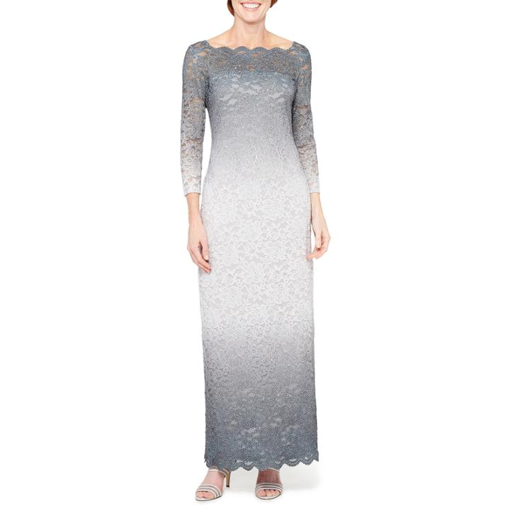 Onyx Nites 3/4 Sleeve Ombre Lace Gown
