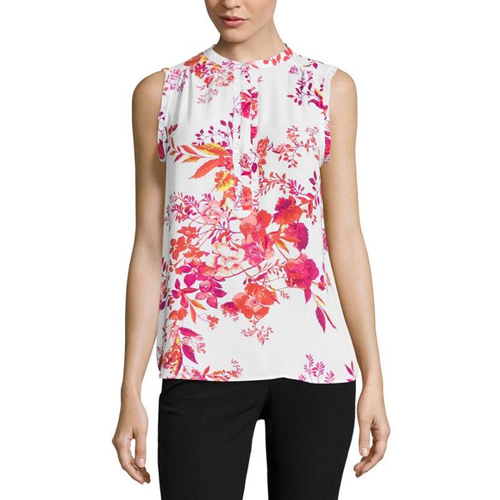 Worthington Sleeveless Y Neck Woven Ruffled Blouse-petites