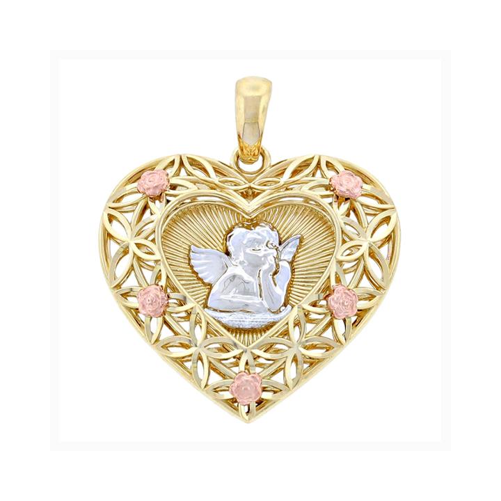 14k Tri-color Gold Cherub Heart Charm Pendant