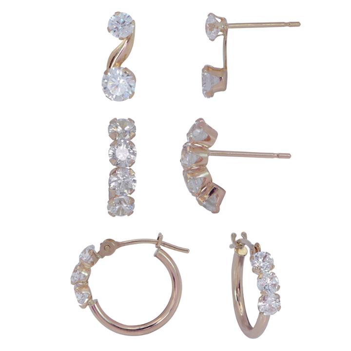 Womens 3 Pair White Cubic Zirconia 14k Gold Jewelry Set