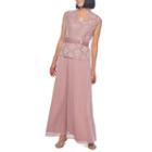 Onyx Nites Short Sleeve Belted Evening Gown