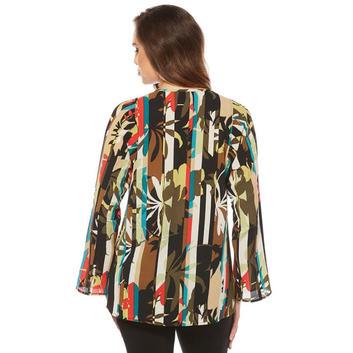 Rafaella Long Sleeve Split Crew Neck Woven Floral Blouse