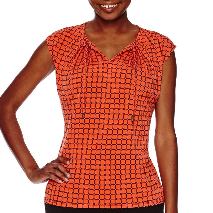 Liz Claiborne Short-sleeve Tie-front Split-neck Top - Petite