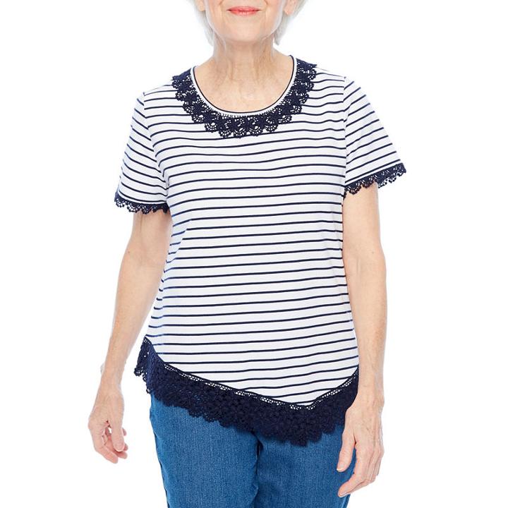 Alfred Dunner Sun City Short Sleeve Crew Neck Stripe T-shirt-womens Petites