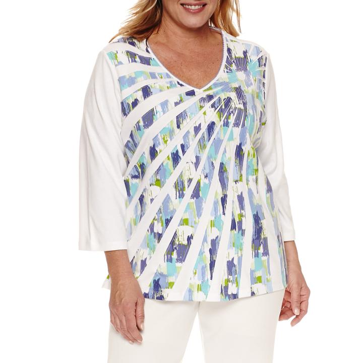 Alfred Dunner 3/4 Sleeve V Neck T-shirt-plus