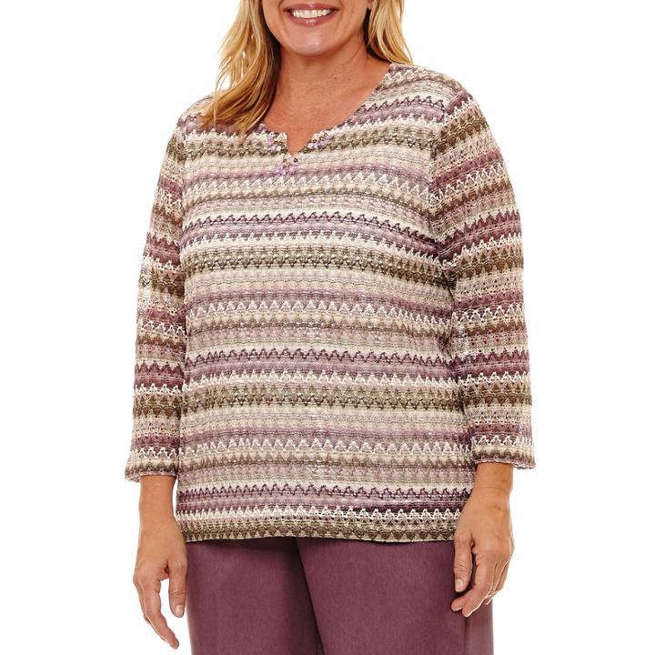Alfred Dunner Palm Desert 3/4 Sleeve Textured Stripe T-shirt-womens Plus