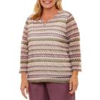 Alfred Dunner Palm Desert 3/4 Sleeve Textured Stripe T-shirt-womens Plus
