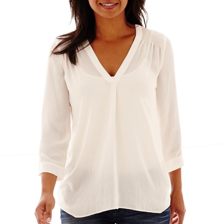 A.n.a 3/4-sleeve Smocked Shoulder V-neck Blouse - Tall