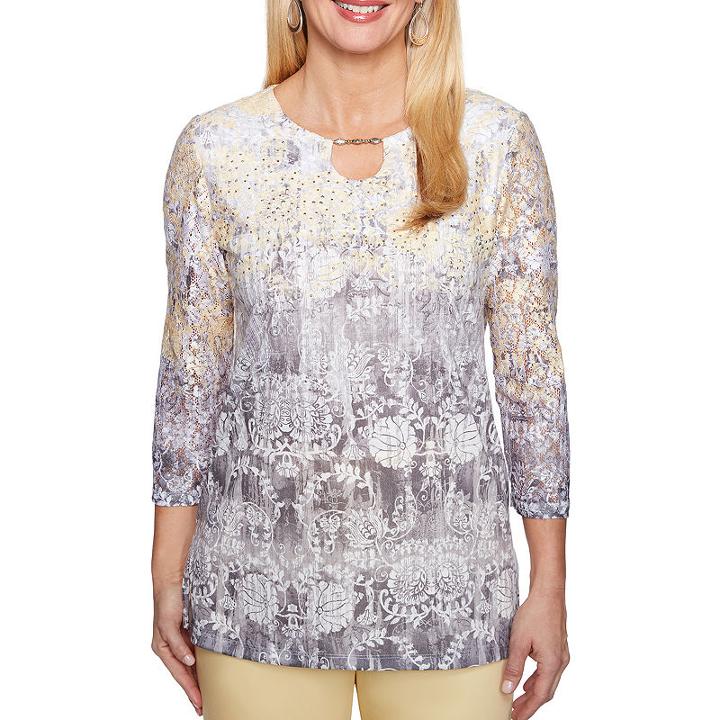 Alfred Dunner Charleston 3/4 Sleeve Split Crew Neck T-shirt-womens